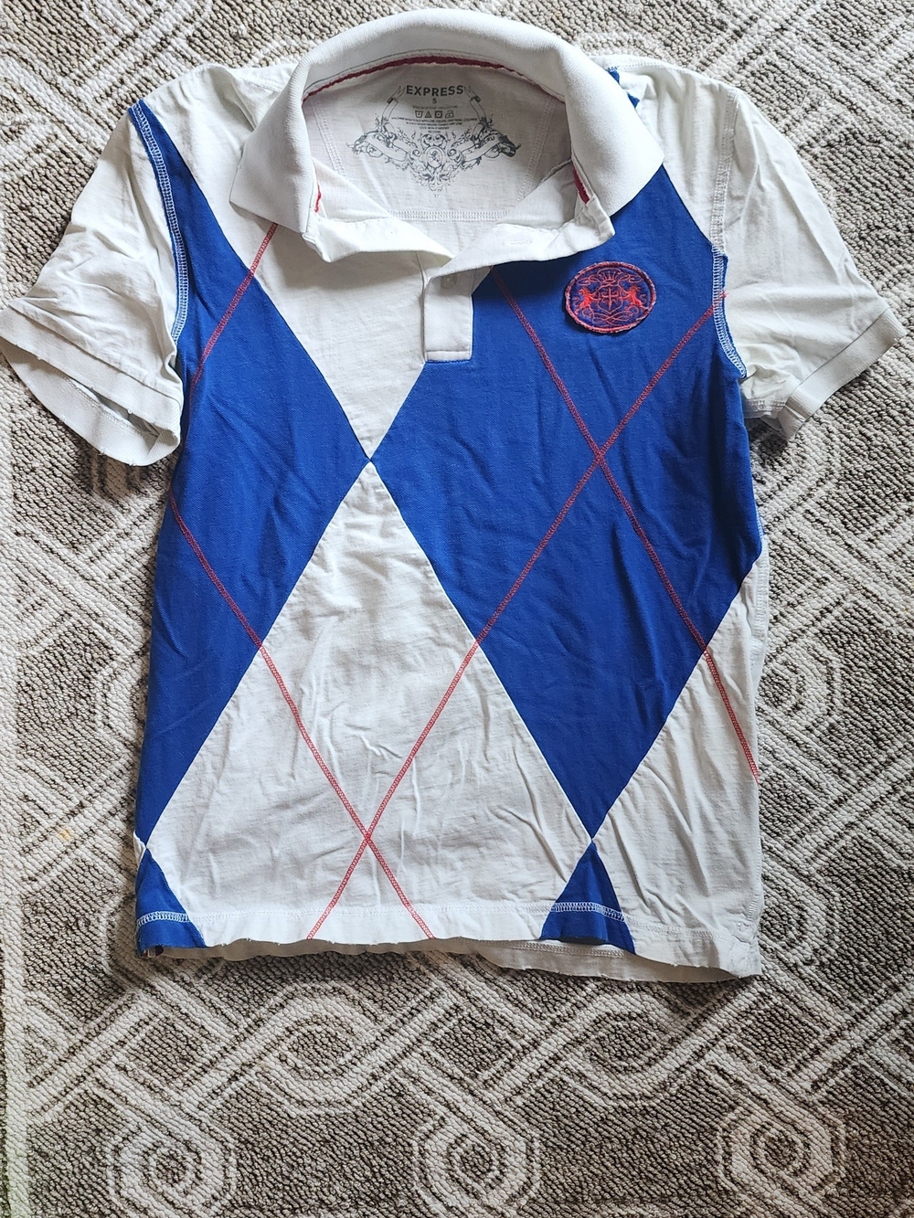 Express Kids White Polo with Blue Argyle and Red Accents